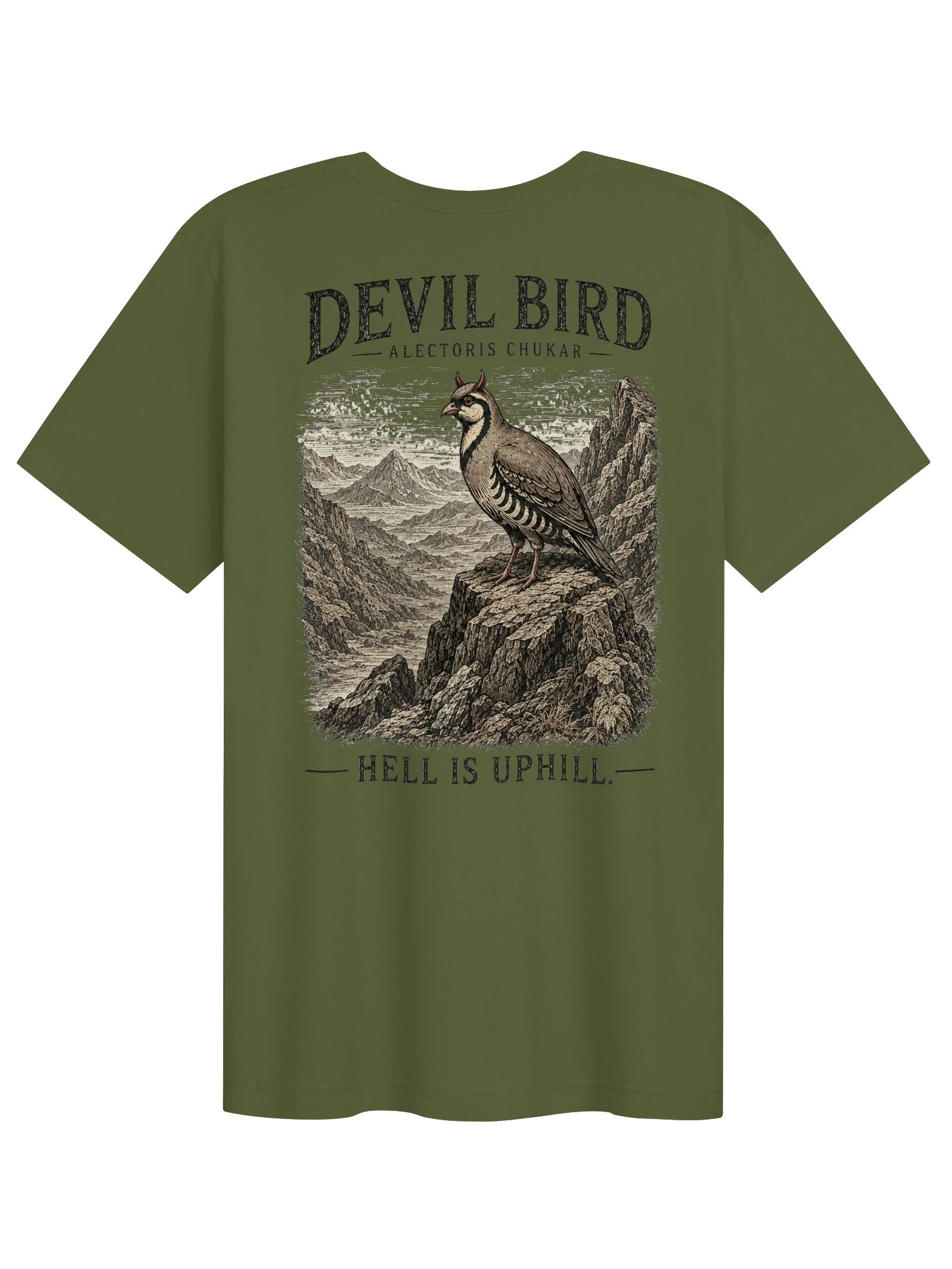 Olive Known Ground Devil Bird T-shirt shown from the back