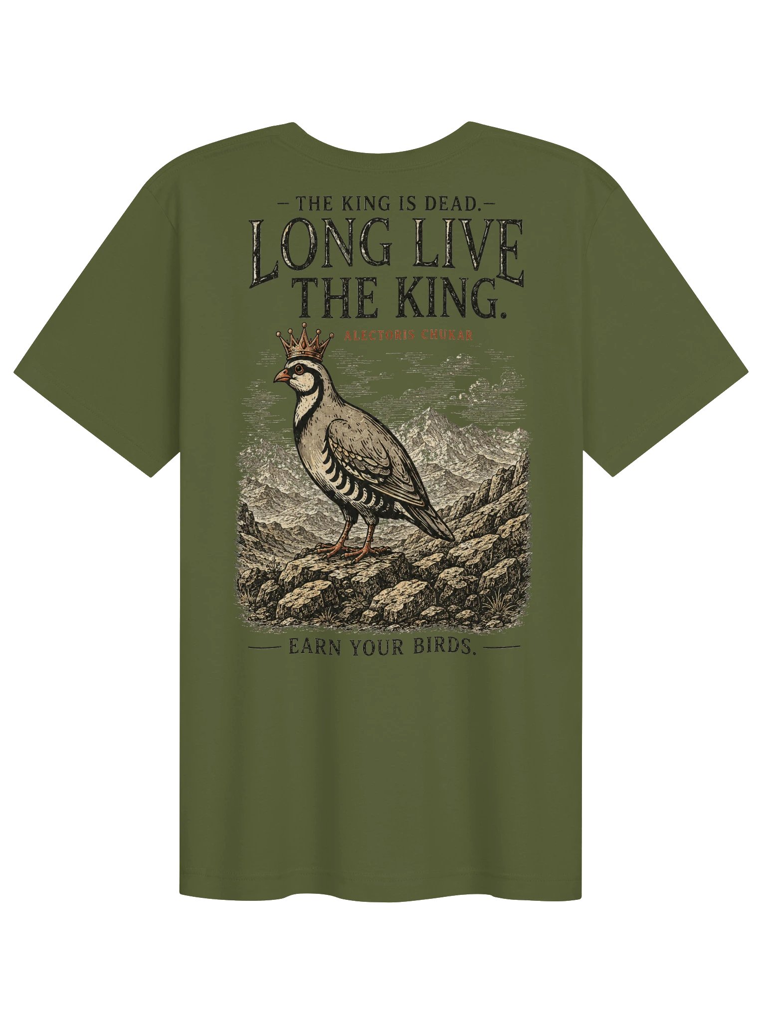 Olive Known Ground King Chukar T-shirt shown from the back